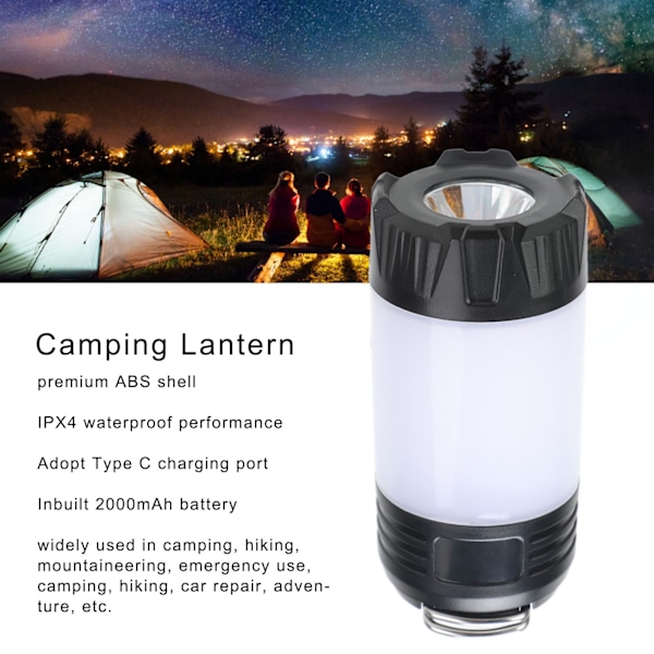 IPX4 Vattentät Campinglykta med Typ C-laddning och 2000mAh Batteri för Utomhusbruk