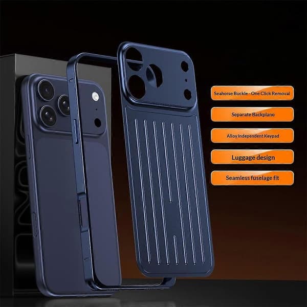 Kompatibelt etui til iPhone 17 Pro Max med søhestespænde, bagagedesign, telefonetui i aluminiumslegering Blue