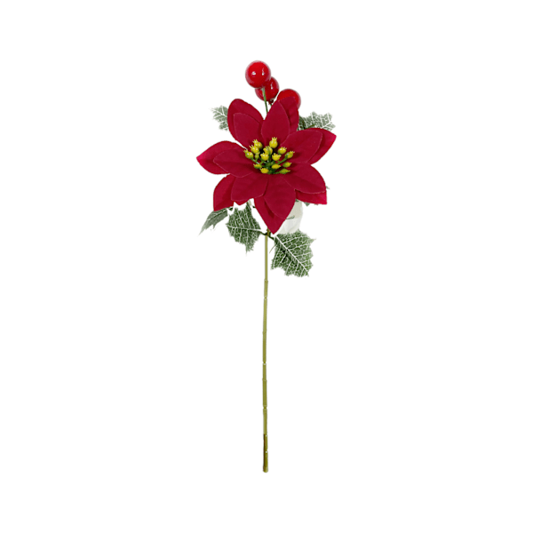 Kunstig juleblomstarrangement med røde bær og festlige blader
