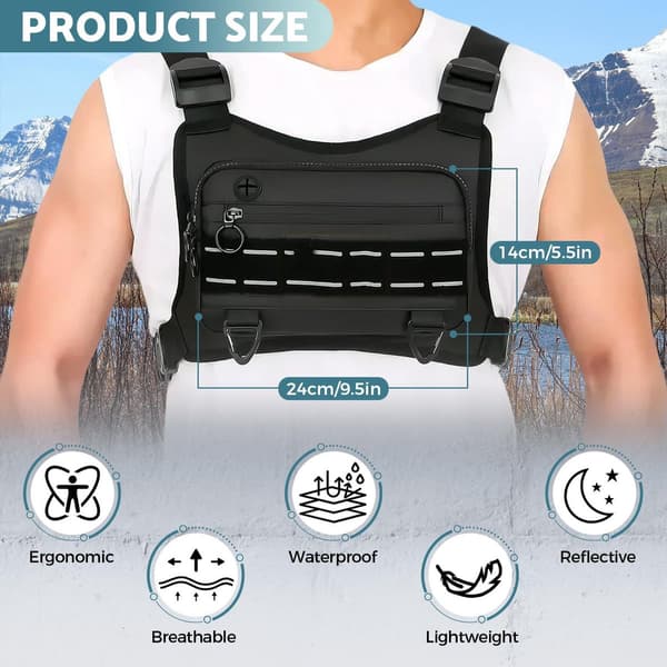Løbe-/cykelvest/-brysttaske, frontlomme til telefon, 26×21×3cm, sort.