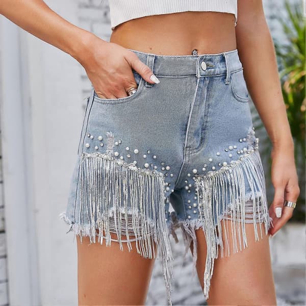 Kvinders afslappede shorts i polyester, behagelige, bløde, med rhinsten og perler, flæseshorts til shopping, blå L