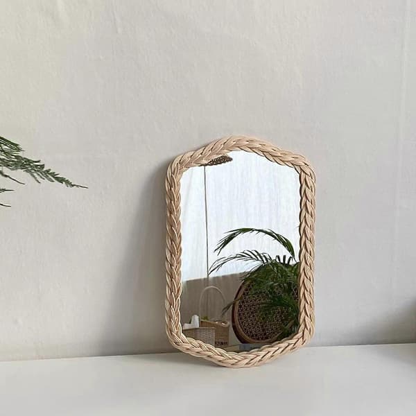 Rattanvävd spegel oval väggkonstdekor hängande sminkspeglar khaki Khaki