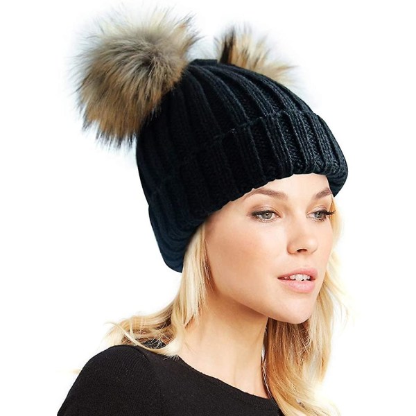 Dam Vinter Dubbel Pom Pom Beanie Fleece Fodrad Bobble Hat