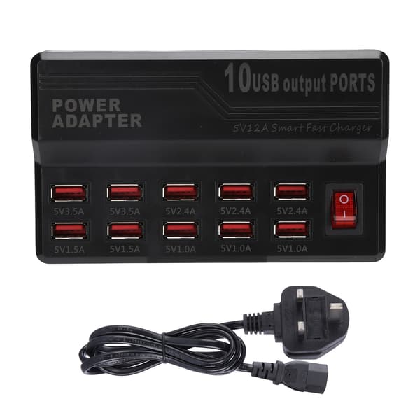 Smart USB-lader 10 porter 12A Hurtigladestasjon Strømhubb for flere enheter
