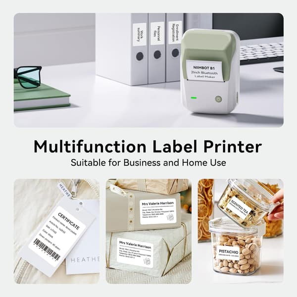 B1 etiketprinter med 1 startrulle tape, Bluetooth etiketprinter, printstørrelse 20-50 mm, kompatibel med iOS Verde