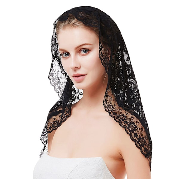 Elegant, høykvalitets, enkeltlags blonder brudeveil for kirkebryllup og dåp i svart