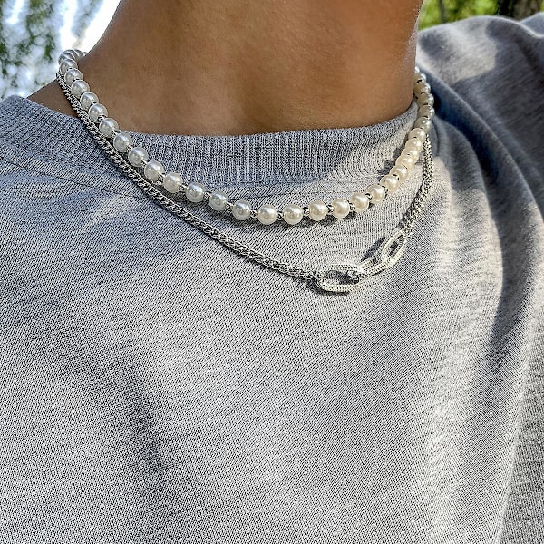 Hip Hop Vintage imitasjon perle menn halskjede geometrisk metall kjede halskjede Sliver