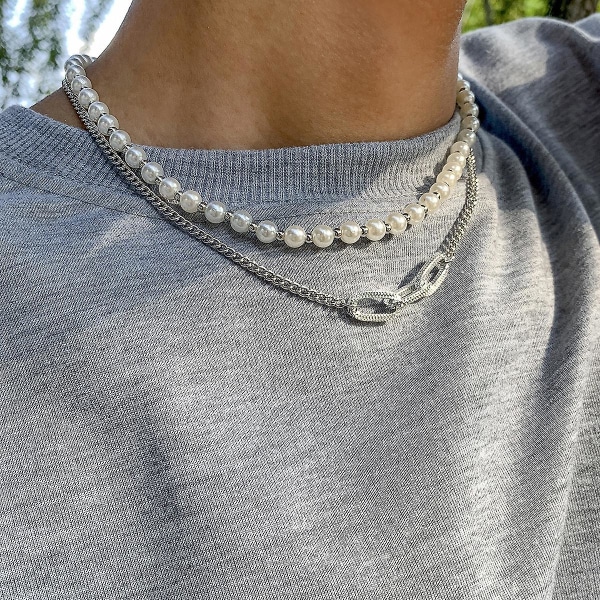 Hip Hop Vintage imitation pärla herrhalsband Geometrisk metallkedja halsband Sliver