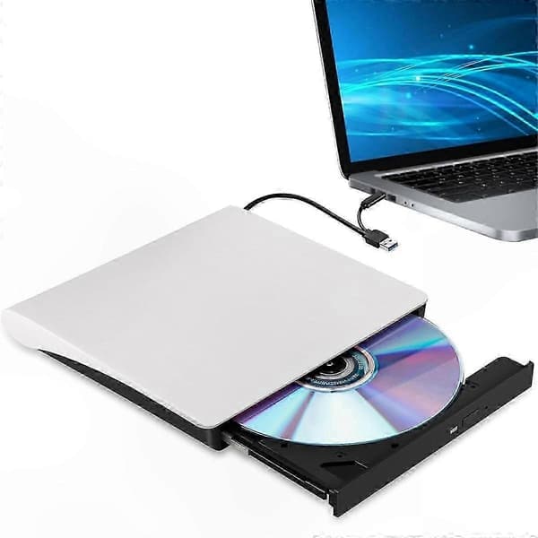Bærbar USB 3.0 og USB-C CD DVD-stasjon, ekstern DVD+/-RW optisk diskleser skriver spiller omskriver for bærbare og stasjonære datamaskiner White