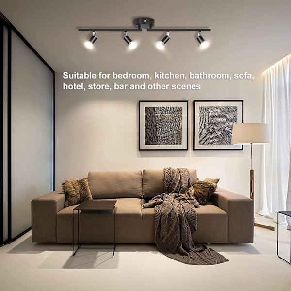Justerbar 4-Lys LED Skinnebelysning i Matt Svart for Soverom og Hoteller, 60W, 85-265V