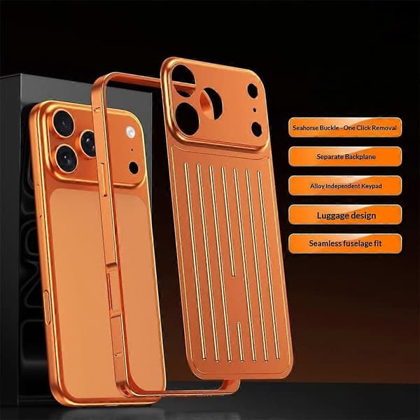 Kompatibelt etui til iPhone 17 Pro Max med søhestespænde, bagagedesign, telefonetui i aluminiumslegering Orange