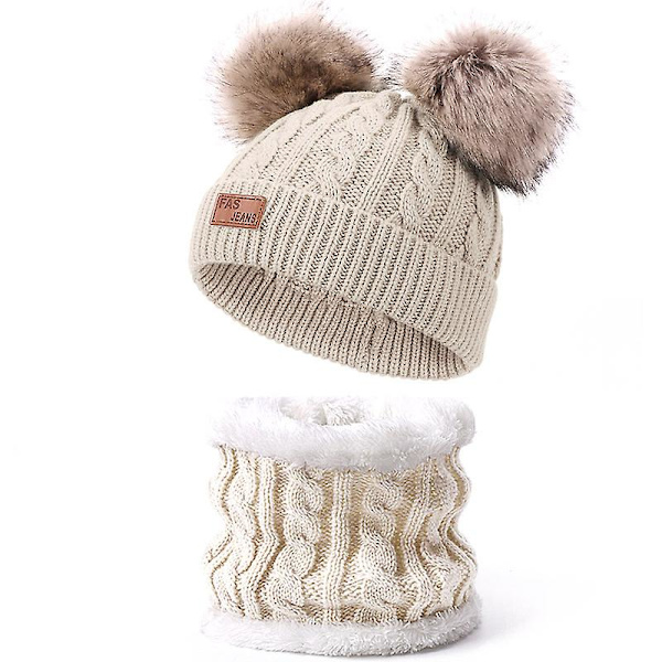 Barn Vinter Stickad Fleece Fodrad Varm Pom Pom Hat Circle Scarves