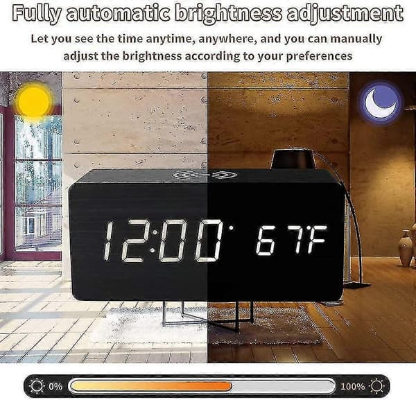 Multifunktionell LED digital elektronisk väckarklocka skrivbordsladdningsklocka trådlös laddning digital träklocka