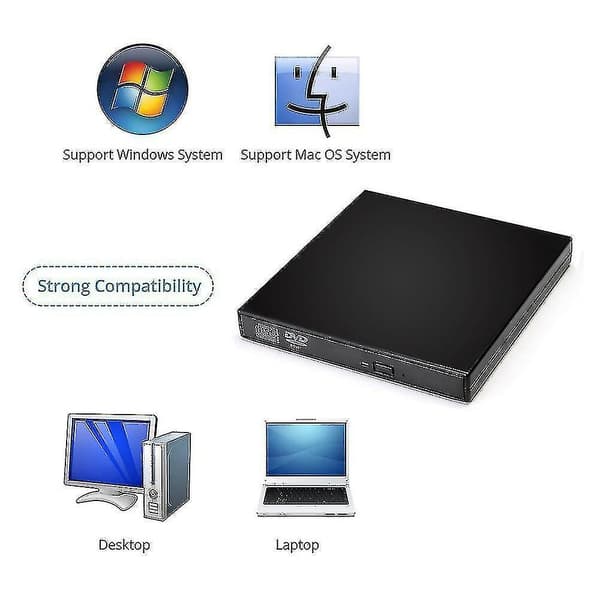 [DT]Eksternt CD/DVD-drev, USB 2.0 Slim bærbart eksternt CD-RW-drev DVD-RW-brænderdrev til bærbar stationær computer, sort