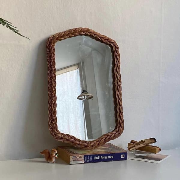 Rattanvävd spegel oval väggkonstdekor hängande sminkspeglar khaki Khaki