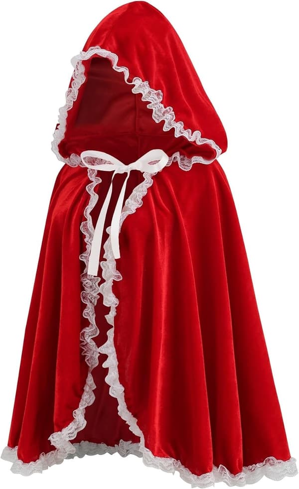 Rød blondekappe med rysjer og hvit kant, kort modell, 80 cm