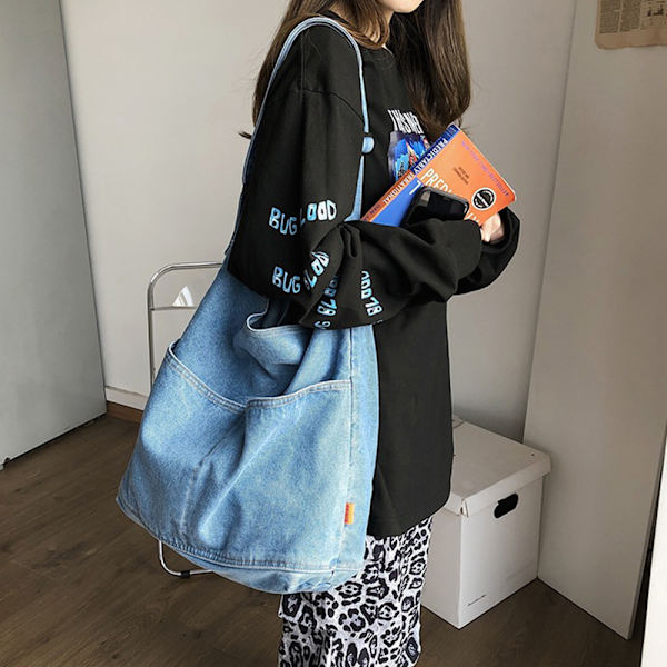 Blå denimveske, skulderveske, messenger bag, stor dame wathet
