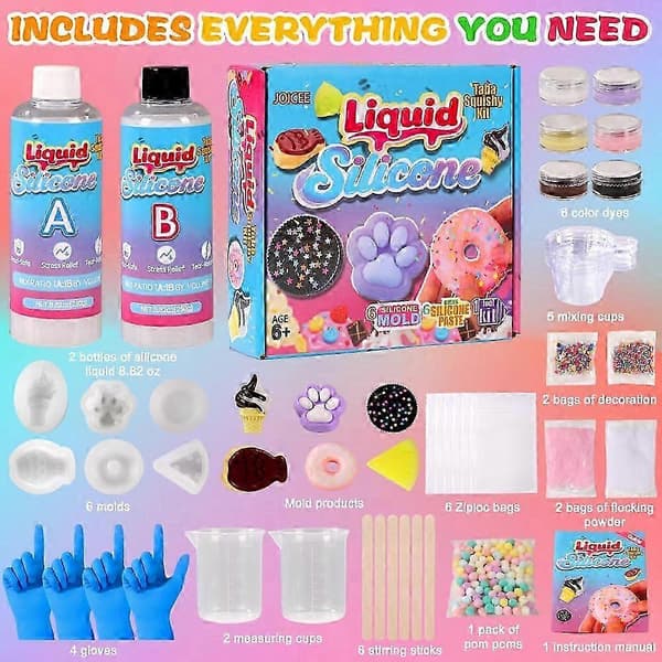 DIY Squishy Håndværkssæt til Børn - 500 ml AB Flydende Silikone, 6 Genanvendelige Forme til Bløde, Langsomt Stigende Kreationer