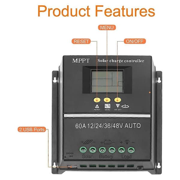 60A MPPT solcelleladerkontroller, intelligent regulator for 12V-48V Auto RV blysyre litium LiFePO4 batterilading
