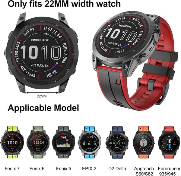 Rem til Garmin Fenix 7/Fenix 6/Fenix 5/EPIX 2, Quick Fit 22mm Silikone Urrem til Approach S60/S62, D2 Delta, Forerunner 935/945