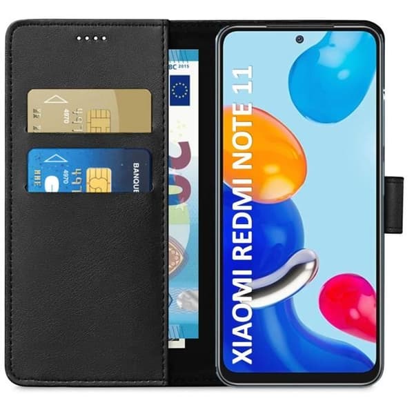 Etui Pung - Phonillico® - Xiaomi Redmi Note 11/11S - Sort - Læderlook - Kortopbevaring[dt] Svart