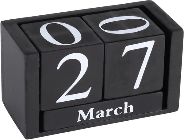 [DT] Trækalender, retro træfirkantet skrivebordskalender med måneds- og datovisning, sort.