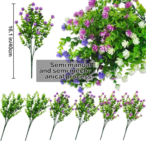 6 stk. utendørs kunstige blomster UV-bestandig plast kunstig