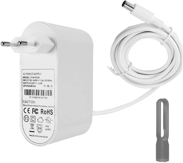 Oplader 1,85 m strømkabeladapter 20 V 2,5 A til Dyson TP04 TP05 TP06 DP04 BP01PH02 PH04 PH09 til luftrensere luftfugtere og multifunktionel hvid