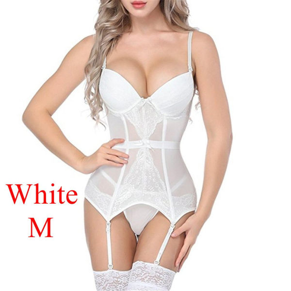 Spets Bustier Korsett Underkläder Set Sexig Strumpeband WHITE M