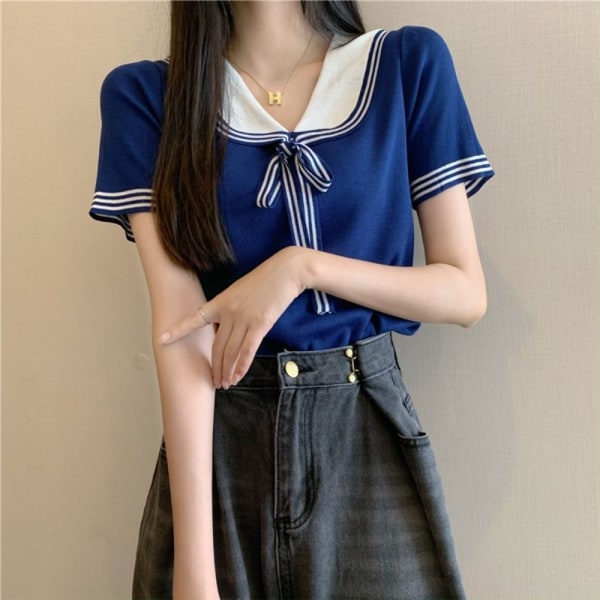 Academy Style Doll Collar T-paita Sexy Top SININEN Blue