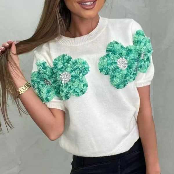 Stickad tröja T-shirt VIT-GRÖNA BLOMMA M White-Green Flowers M