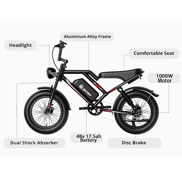 2025 - Elcykel - Ebike - S8 OOK-TEK 1000W 48V 17.5ah - 45km Svart