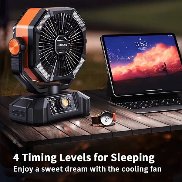 Portabel Campingfläkt med LED-lampa – 8 hastigheter, 20000mAh batteri & fjärrkontroll Orange