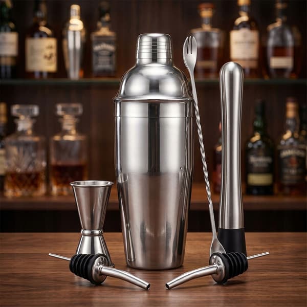 Bartenderset i rostfritt stål | Shaker, jigger, sil, muddler och barsked | Flasköppnare ingår