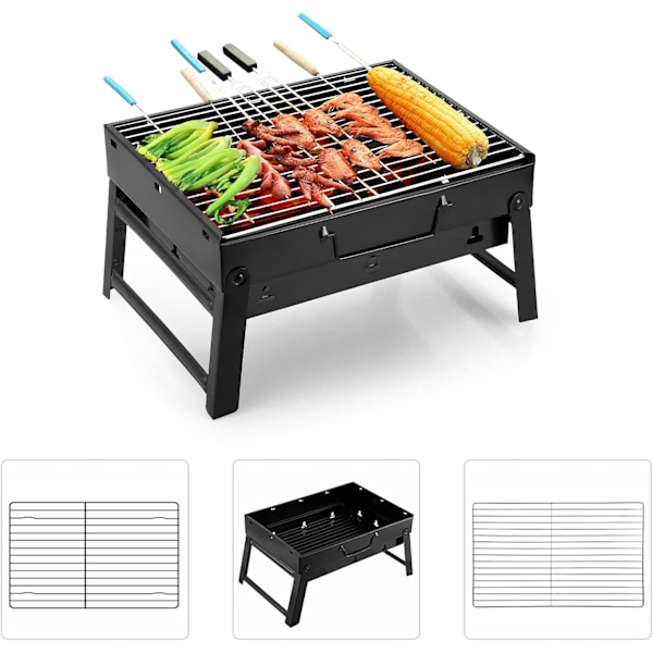 Kompakt og transportabel kulgrill i rustfrit stål – ideel til 2–4 personer på ture, camping eller i haven Silver