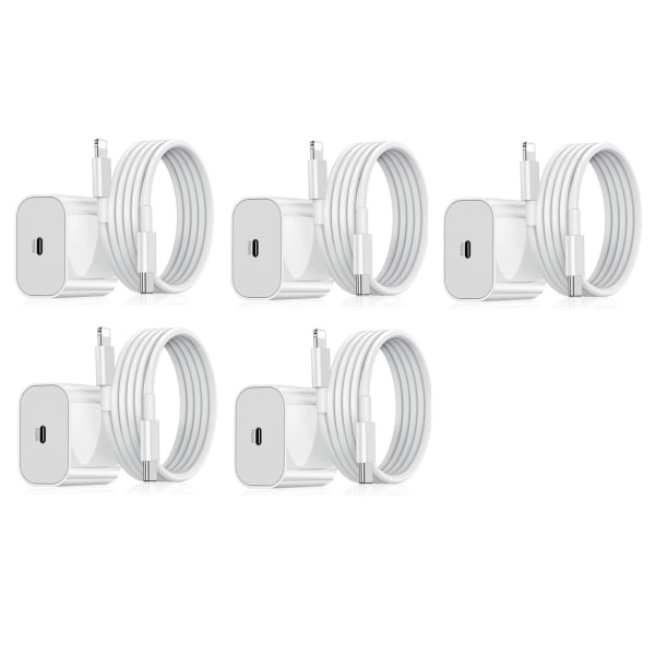 Laddare USB-C kompatibel med iPhone strömadapter 20W + 2m Kabel White 5-Pack för iPhone