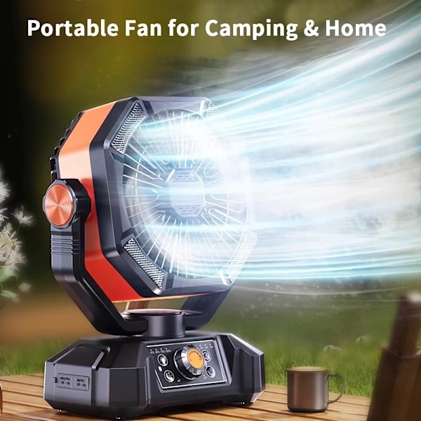 Portabel Campingfläkt med LED-lampa – 8 hastigheter, 20000mAh batteri & fjärrkontroll Orange