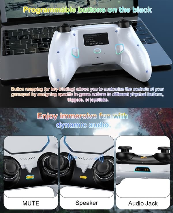 Trådløs Controller Kompatibel med PS5 & PS5 Slim – Programmerbare Knapper, 1000mAh, USB-C White
