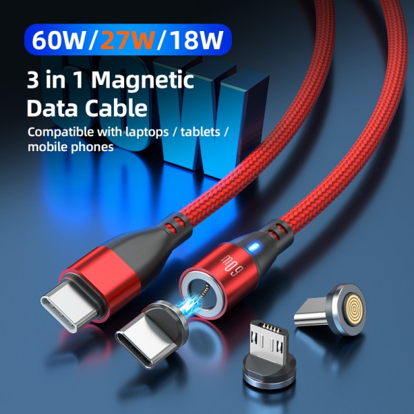 2 kpl USB-C 2m 3-in-1 Magneettinen latauskaapeli 60W pikalataus Black