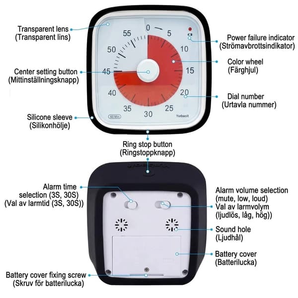 Visuel timer 60 minutter 2-pak – lydløs tidsvisning til børn, klasseværelse og lektier, sort Black