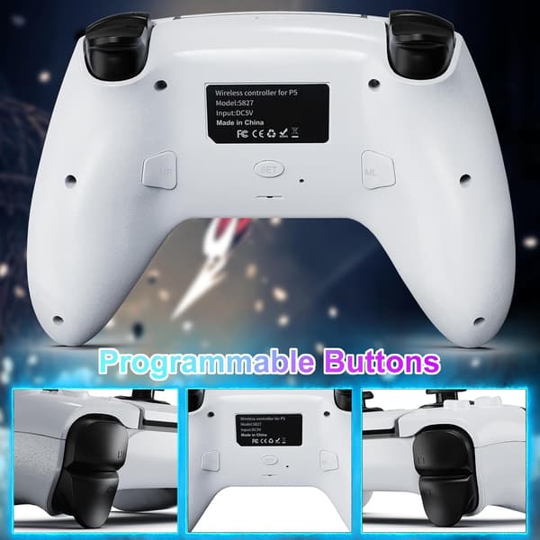 Trådløs Controller Kompatibel med PS5 & PS5 Slim – Programmerbare Knapper, 1000mAh, USB-C White