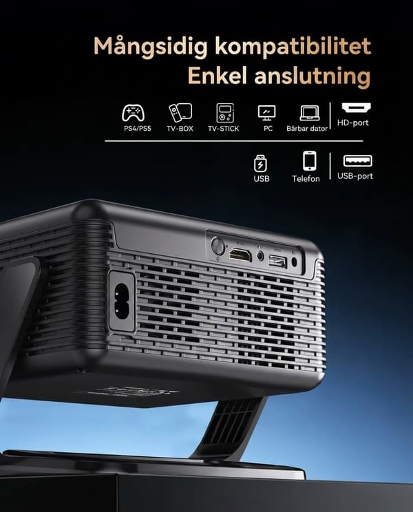 Bärbar smart projektor med autofokus och Android 14 | Native 720p, stöder 4K/8K-avkodning | 360 ANSI lumen, WiFi6 och Bluetooth 5.4 | Gimbal-design