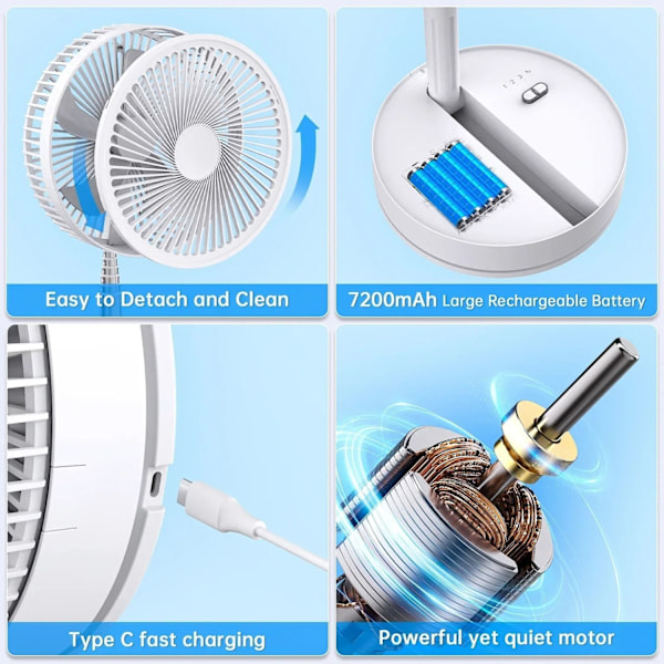 Sammenklappelig & Genopladelig Ventilator – 23 cm, 100 cm højde, 7200 mAh batteri & fjernbetjening White