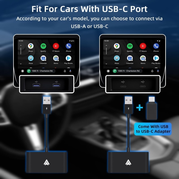 Adapter komform med CarPlay Trådløs til Android- USB, USB-C Black
