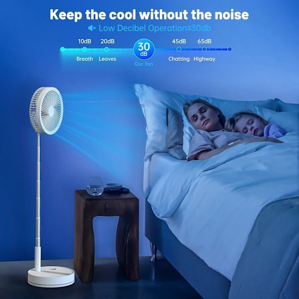 Sammenklappelig & Genopladelig Ventilator – 23 cm, 100 cm højde, 7200 mAh batteri & fjernbetjening White