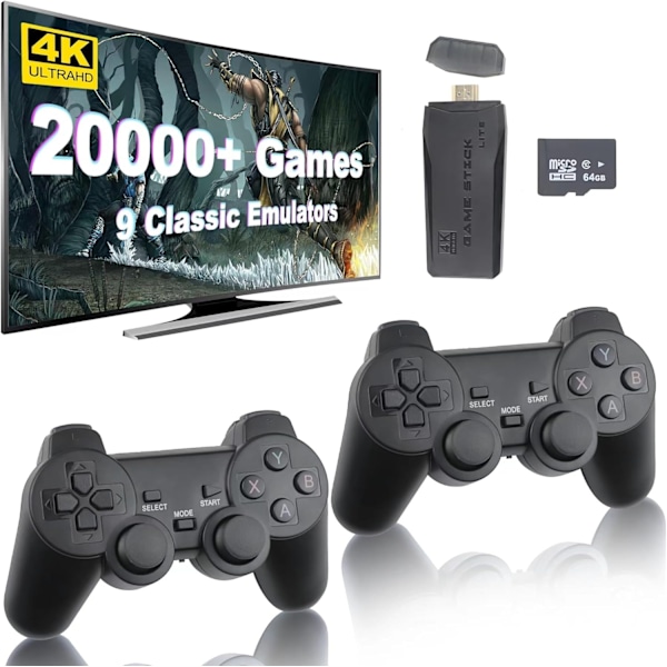 2024 Ny Retro Spilkonsol 20.000+ Spil 4K HDMI Inkluderer 2 Trådløse Controllere Black 64GB