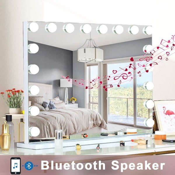 Bluetooth Hollywood spegel med belysning, 15 dimmer-LED-lampor, Silver 58 x 46cm + Bluetooth Speaker