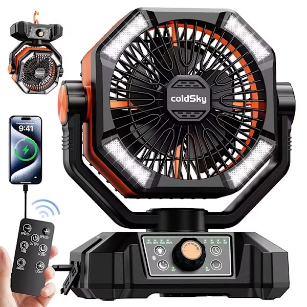 Portabel Campingfläkt med LED-lampa – 8 hastigheter, 20000mAh batteri & fjärrkontroll Orange