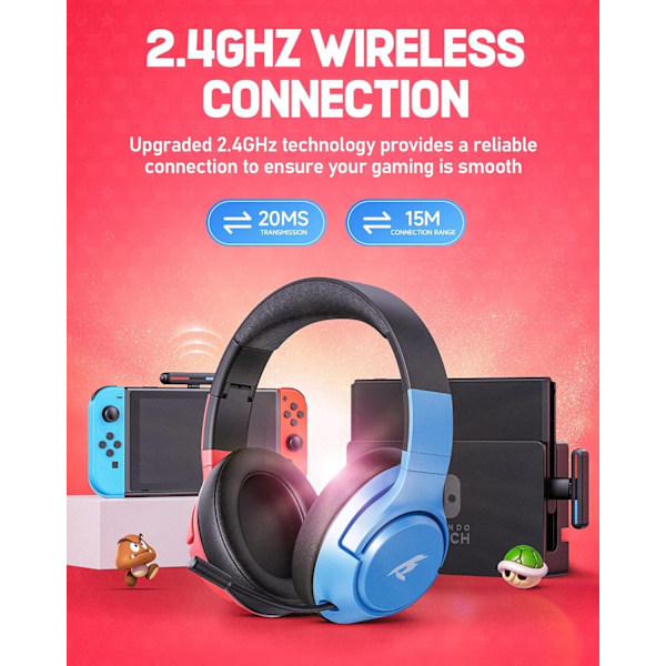 Trådløst gamingheadset 2.4GHz/Bluetooth 5.4 med støjreducerende mikrofon – 40t batteri, USB-C, kompatibelt med Switch, PS5, PC. Blue