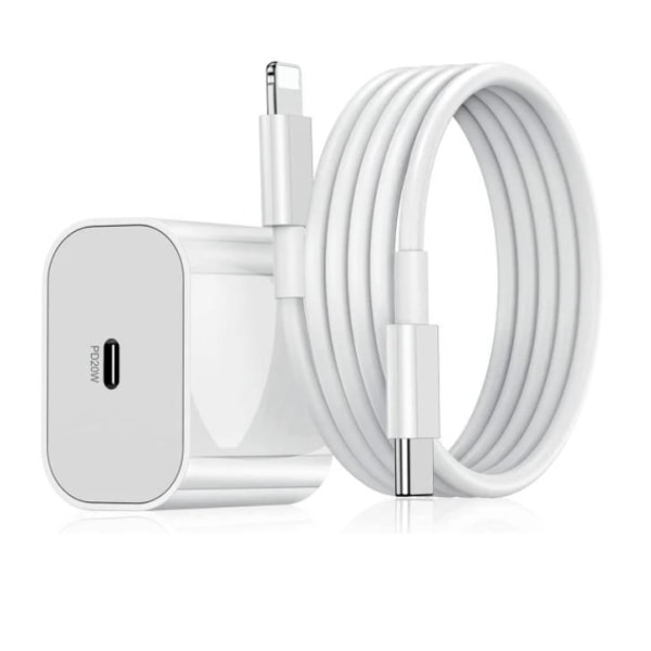 Laddare USB-C kompatibel med iPhone strömadapter 20W + 2m Kabel White 1-Pack för iPhone